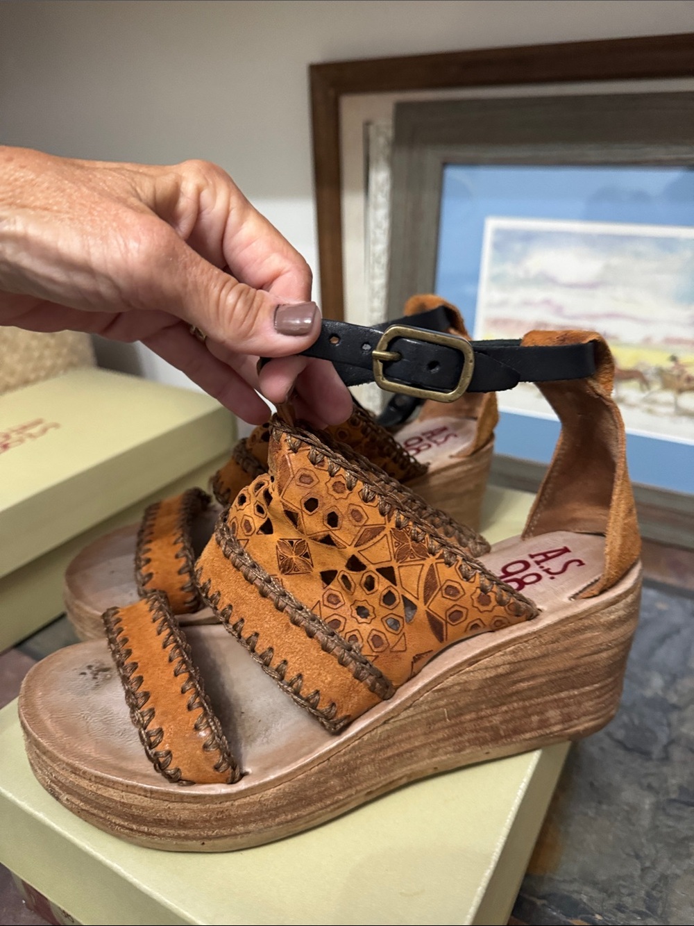 A.S.98 Men's Cognac Leather Wedge Sandals with Black Ankle Strap - Picture 2 of 6